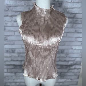 Sash Pleated Mock Neck Satin Tank in Champaign Cream Tan